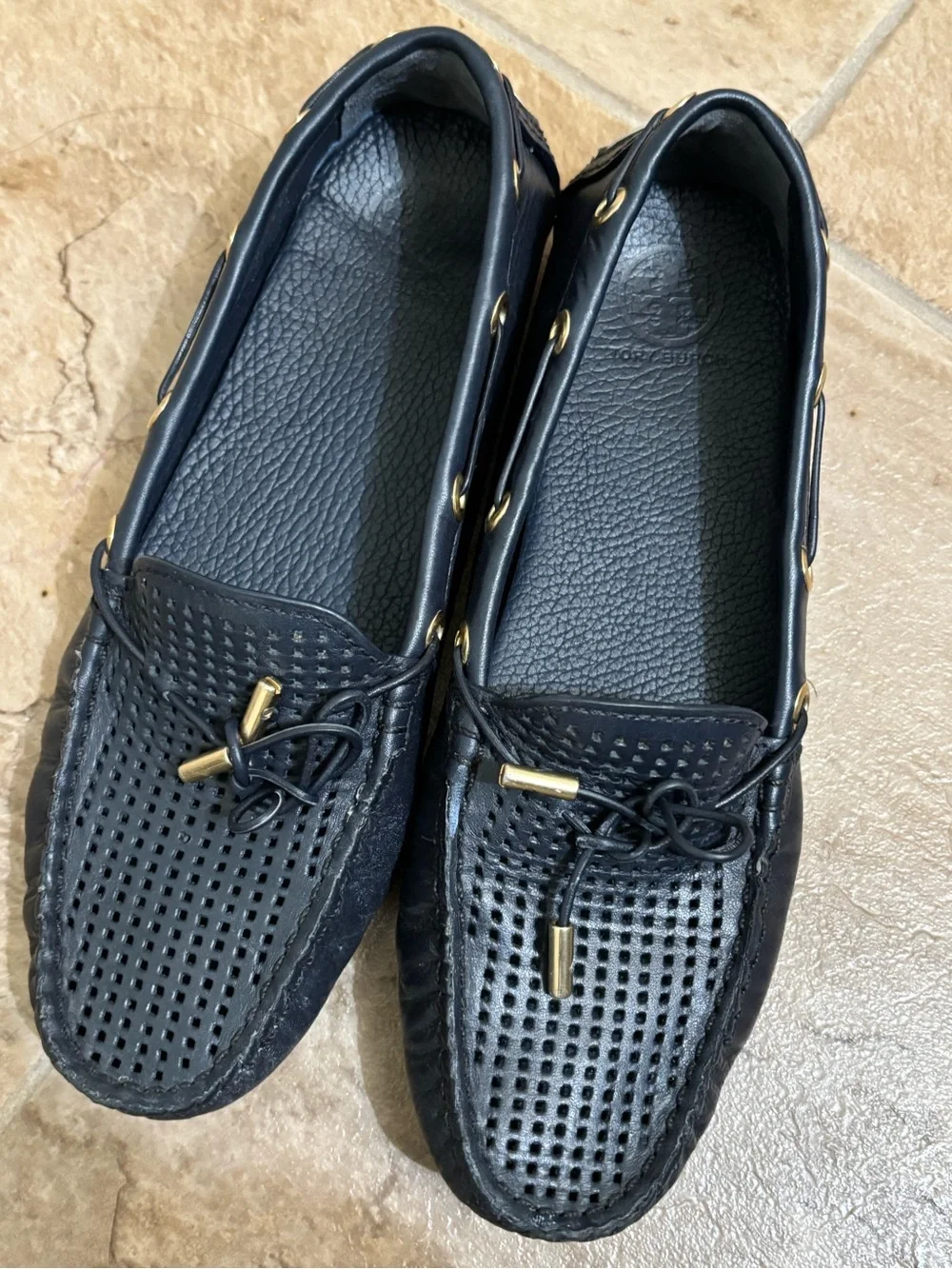 Tory Burch Black Perforated Leather Driving Loafers with Gold Accents